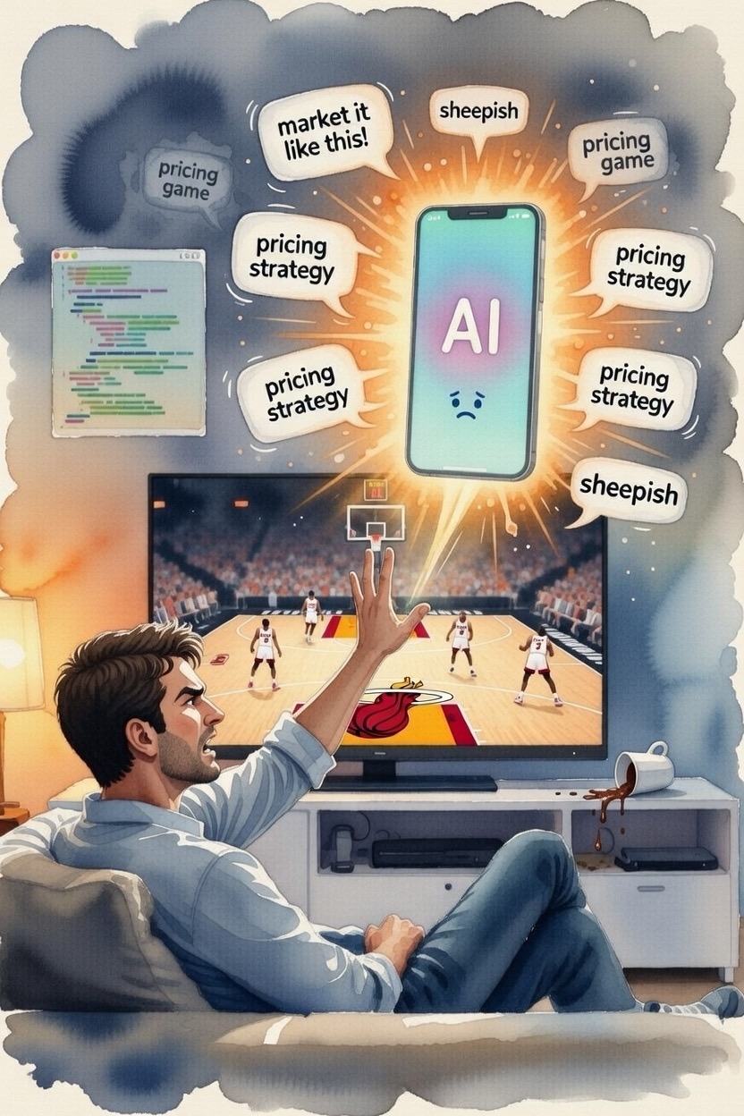 AI spewing pricing strategy advice while Heat game plays on TV