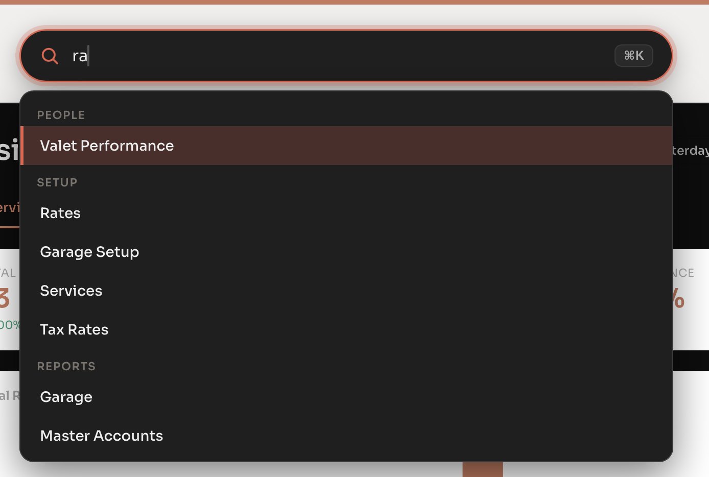 The live Valet AI dashboard — two letters typed, matches grouped in plain English: Rates, Garage Setup, Valet Performance